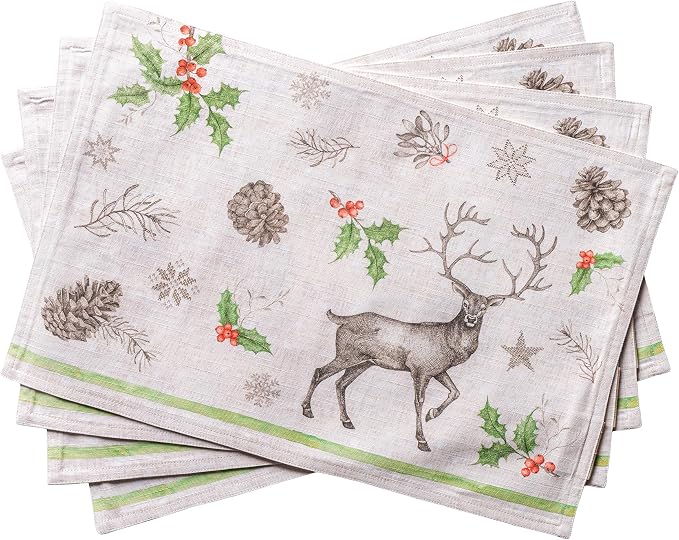Maison d' Hermine Placemats Set of 4 Reusable 100% Cotton (13"x19") | Cloth Place Mats Washable Table Mats for Kitchen Dining Party Wedding Hotel Home Thanksgiving Christmas - Christmas Dew