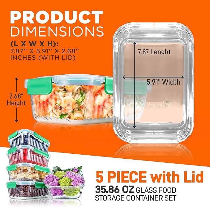 NutriChef 10-Piece Glass Food Storage Containers Set – (5 BPA-Free Airtight Meal Prep Containers with 5 Vented Locking Lids), Stackable & Oven Safe, Leakproof, Reusable, Freezer & Microwave Friendly