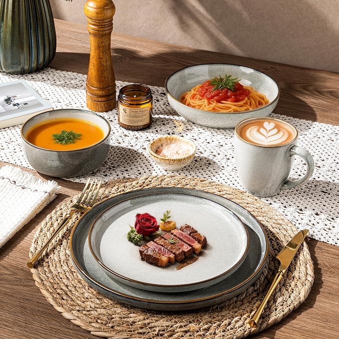 GBHOME Dinnerware Sets for 6, 24 Pieces Ceramic Plates and Bowls Set | Scratch Resistant Stoneware Dishes Set, Dishwasher & Microwave Safe, Reactive Glaze-Green Wheat
