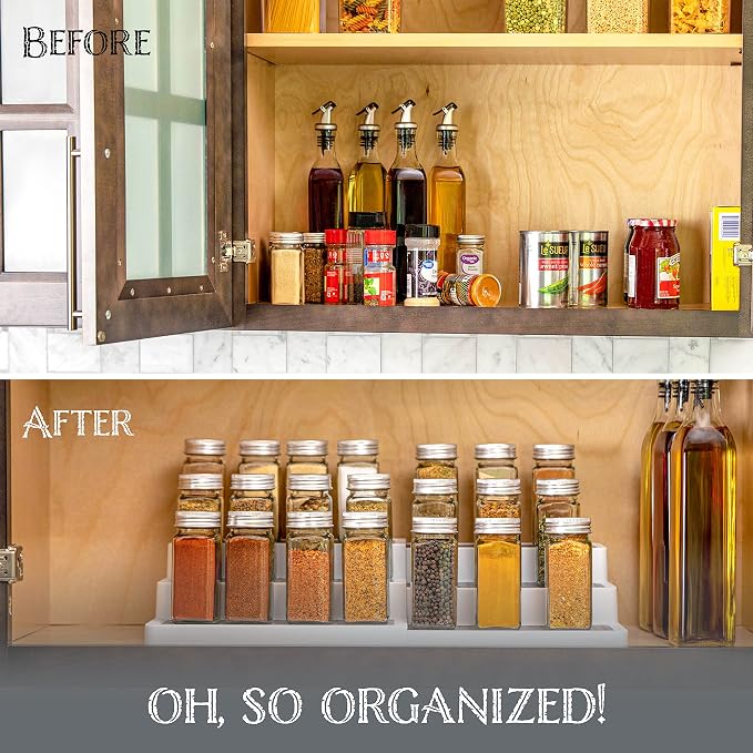 Oizeir Plastic 3-Tier Expandable Spice Rack, Adjustable Length, Stability with Non-Skid Shelf, For Easy Visibility, Organizer for Kitchen Cabinet, Pantry or Countertop, (2-Pack), White/Grey | Expandable Plastic Spice Rack Organizer, Adjustable Length 3...