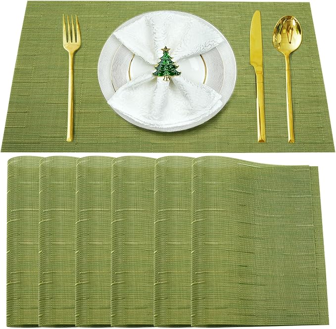 Green Vinyl Placemats Set of 6,Washable Dining PVC Table Mats | Heat resistant, stain resistant non slip vinyl place mats, washable green table placemats for dining table