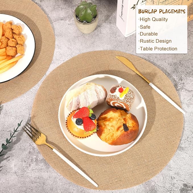 Aneco 100 Pieces Round Burlap Placemats 13.78 Inch Reusable Brown Table Mats Heat Resistant Natural Jute Fibers Placemats Burlap Circle Rustic Table Decorations for Dinner Holiday Farmhouse Decor