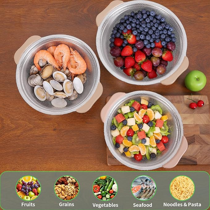 Colander Set with Plastic Handles, Stainless Steel Micro-Perforated Colanders Strainers for Draining Rinsing Washing, Ideal for Pasta Vegetables Fruits, Heavy Duty & Dishwasher Safe