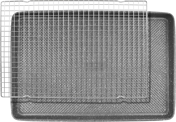 David Burke 17x11 Cookie Sheet with Chrome Cooling Rack – Carbon Steel, PFTE & PFOA Free, Oven Safe, Non-Toxic, Perfect for Baking and Roasting – Gray Speckle