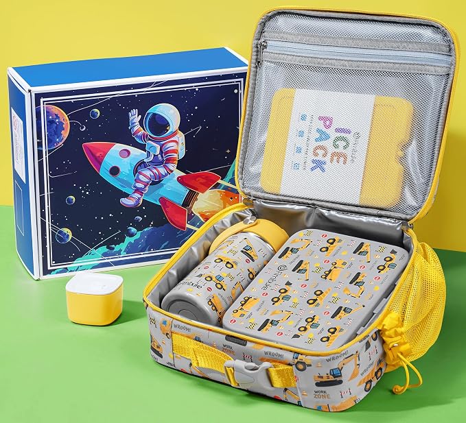 Fimibuke Bento Lunch Box for Kids - Toddler Boys Snack Bento Box Container | with 3 Compartments, 14oz Stainless Steel Water Bottle, Insulated Lunch Bag, Ice Pack Set for Ages 3-12 Daycare, Construction