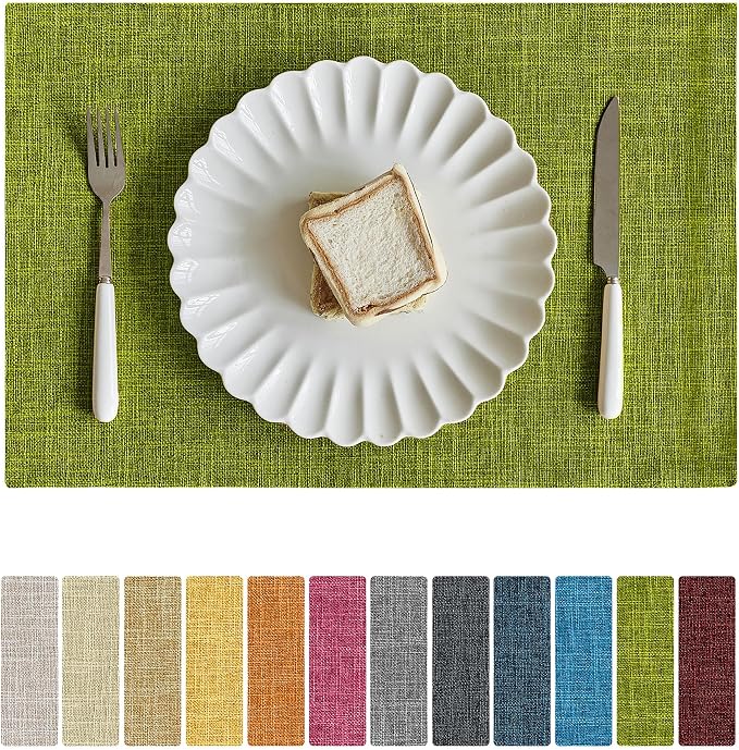Softalker Faux Linen Placemats Set of 4-12 x 18 Inch, Heat Resistant Double Layered Durable Burlap Farmhouse Place Mats, Non-Slip Washable Rustic Table Mats for Dining, Kitchen, Party（Lime Green