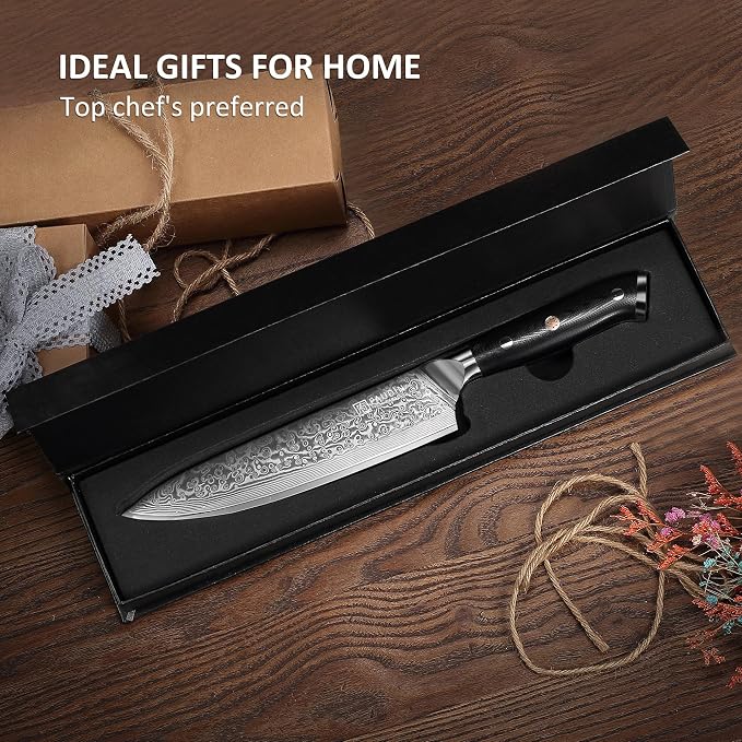 PAUDIN Chef Knife 8 Inch, Damascus Kitchen Knife with G10 Handle | 67-Layer Japanese VG10 Steel Core , Razor Sharp Japanese Chef Knife for Home, Restaurant