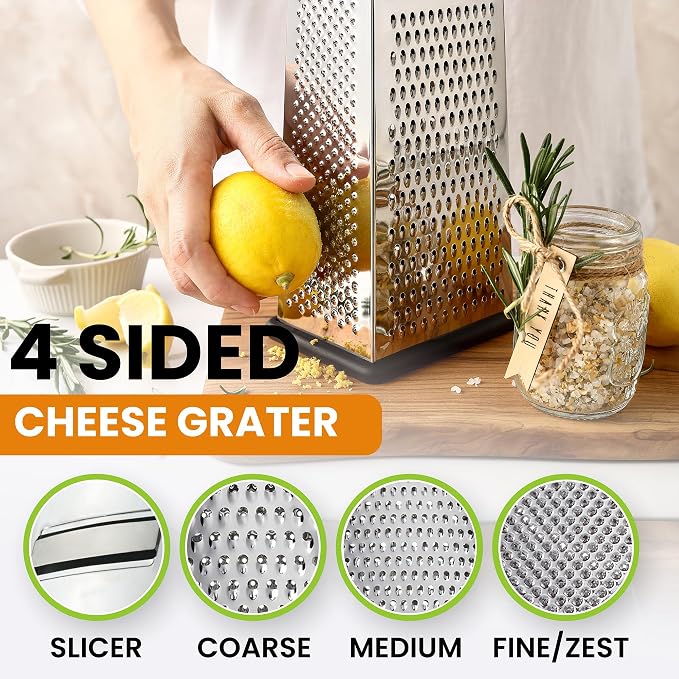 Spring Chef Stainless Steel Cheese Grater, Large Box Grater for Kitchen | 4 Sided Handheld Vegetable Shredder, Kitchen Food Grater for Cheese, Potato, Carrot, Ginger, Veggie, Dishwasher Safe