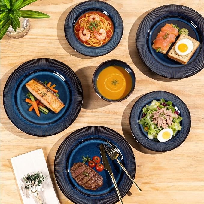 GBHOME Ceramic Dinnerware Sets of 4,12 pcs Plates and Bowls Sets Dishes | Embossed Elegant Stoneware Dishes Set | Dishwasher & Microwave Safe | Service for 4