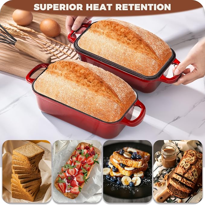 Cast Iron Loaf Pan with Lid, 9x5 Loaf Pans for Homemade Bread | Cast Iron Bread Pan for Sourdough Baking, 9x5 Loaf Pan with 2-In-1 Design, Even Heat Distribution, Red Enameled