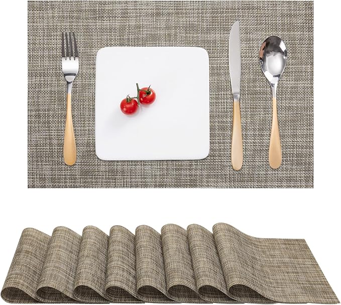 Myir JUN Placemats Set of 8 Kitchen and Dining Table Placemats | Vinyl Placemats Place Mats Indoor/Outdoor Set of 8 Washable Table Mats Non-Slip Place mats for Dining Table, Caramel