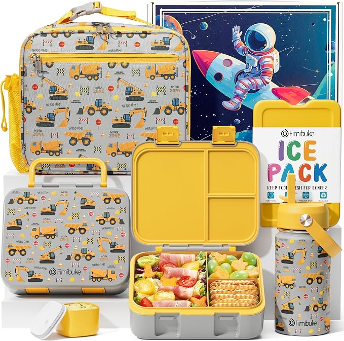 Fimibuke Bento Lunch Box for Kids - Toddler Boys Snack Bento Box Container | with 3 Compartments, 14oz Stainless Steel Water Bottle, Insulated Lunch Bag, Ice Pack Set for Ages 3-12 Daycare, Construction