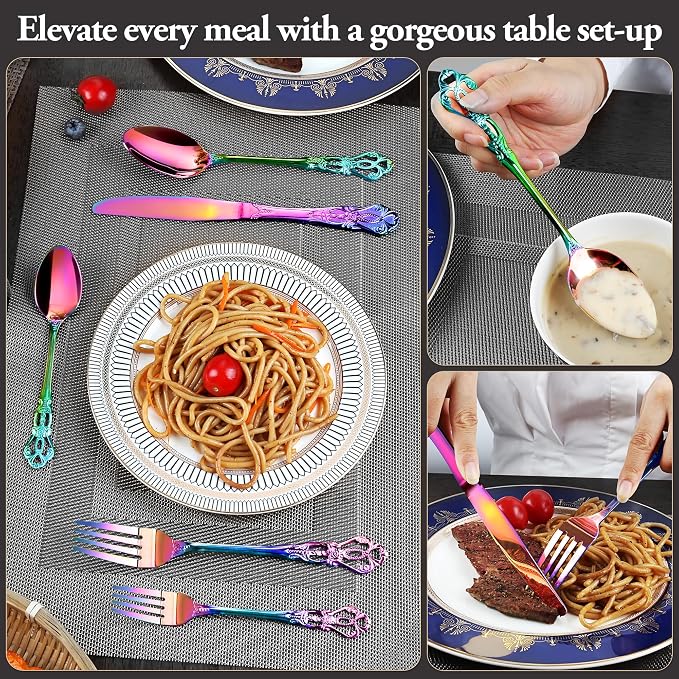 Silverware Set, 30 Pieces Retro Royal Silverware Set for 6, Baroque-style Stainless Steel Flatware Set Including Fork Spoon and Knife, Dishwasher Safe, Rainbow