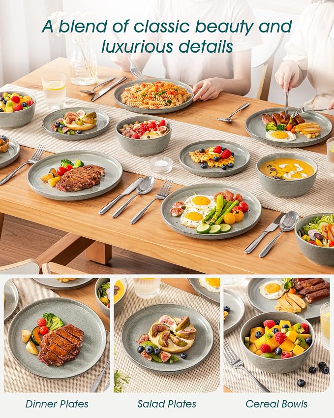 vancasso ANYA 18 Pieces Plates and Bowls Set, Stone Grey Dinnerware Sets, Reactive Glaze Dishes Set for 6, Ceramic Dishware Sets Kitchen Dinner Set, Microwave & Dishwasher Safe