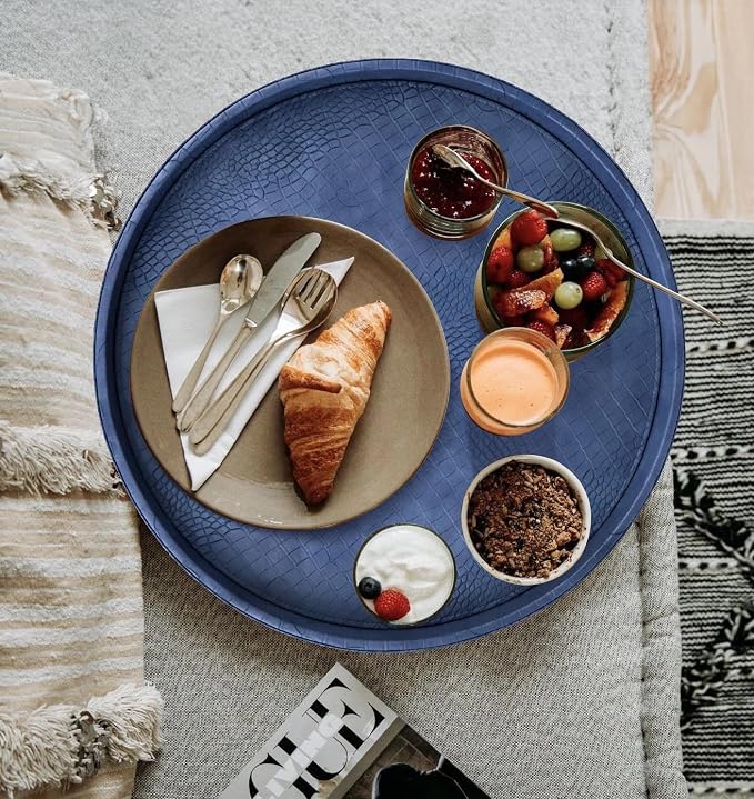 HofferRuffer Round Serving Tray 20'', Elegant Faux Leather Circle Ottoman Table Tray, Serve Tea Coffee Breakfast in Bedroom Living Room Kitchen (Blue, 20")