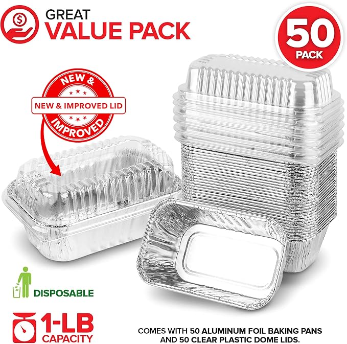 Stock Your Home Disposable Aluminum Mini Loaf Pans with Lids, 1 lb (50 Pack) New & Improved Plastic Dome Lid Foil Baking Tins, Tin Pans for Cake, Bread, Holiday Baked Goods Packaging