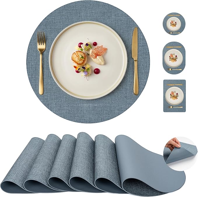 Faux Leather Placemats Set of 6, Wipeable Waterproof Stain Resistant Table Mats, Heat Resistant Thick Placemats with Hand-Painted Edges for Kitchen Dining, Imitative Linen Texture, Various Shapes