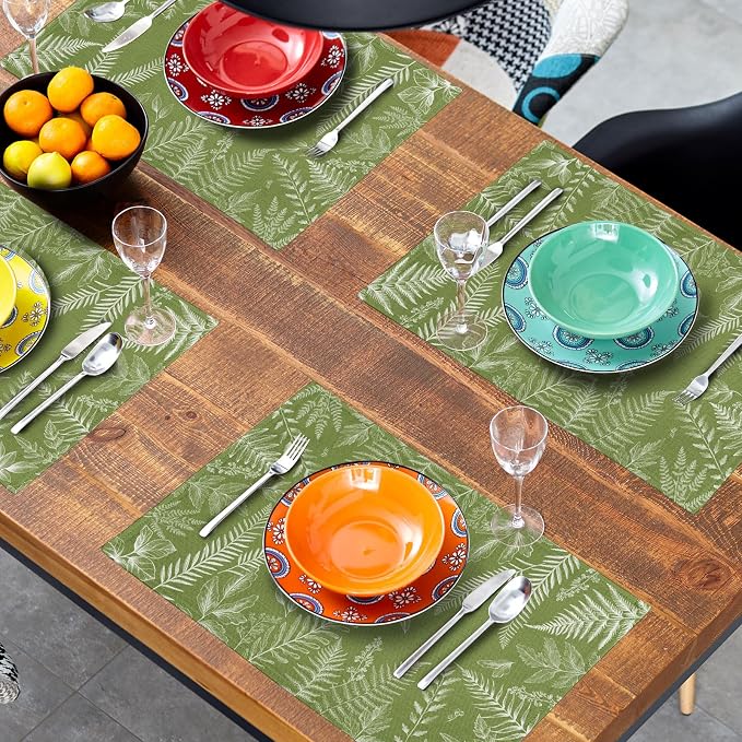 Spring Wild Fern Leaf Plants Placemats Set of 4, 12 x 18 Inch Green Place Mats Washable Kitchen Dining Linen Table Mats for Dining Table Kitchen Decoration