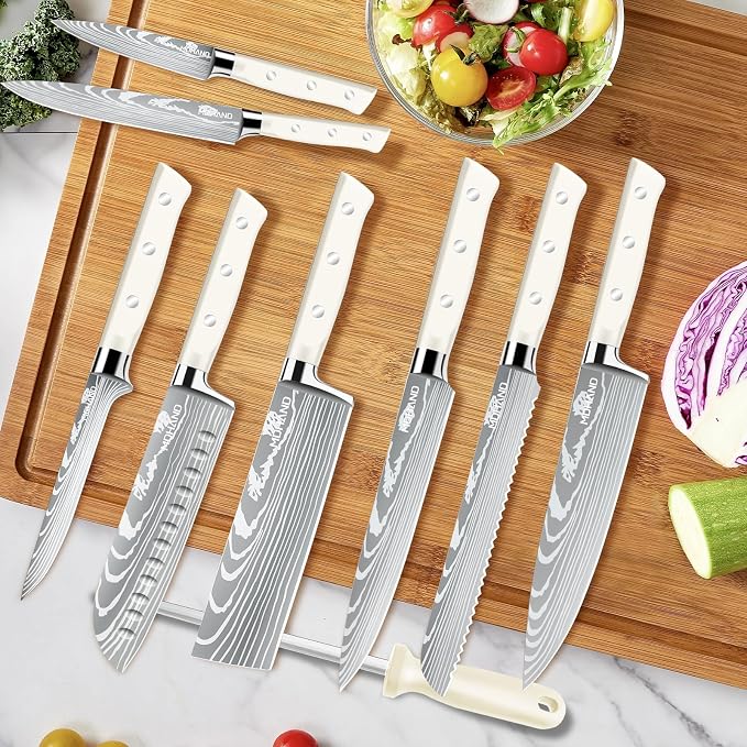 Chef Knife Set with Roll Bag, Professional Knife Set with Sharpener | High Carbon Stainless Steel 9PCS Kitchen Knife Set, Forged Triple Rivet Handle, Kitchen & Home Cooking, Dishwasher Safe White