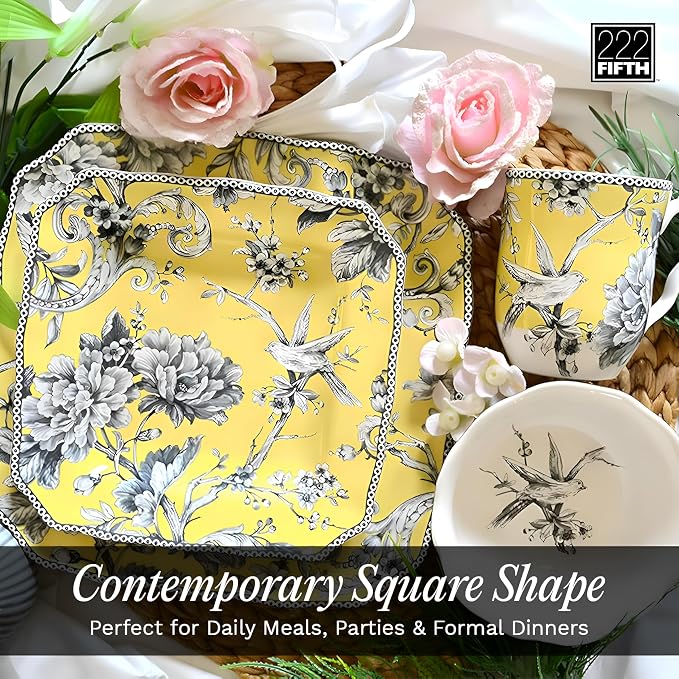 222 Fifth Adelaide Yellow 16-Piece Floral Porcelain Dinnerware Set | Microwave and Dishwasher Safe Dining Set for 4 | Stackable & Chip-Resistant Plates Bowls and Cups | Gift for Housewarming & Wedding