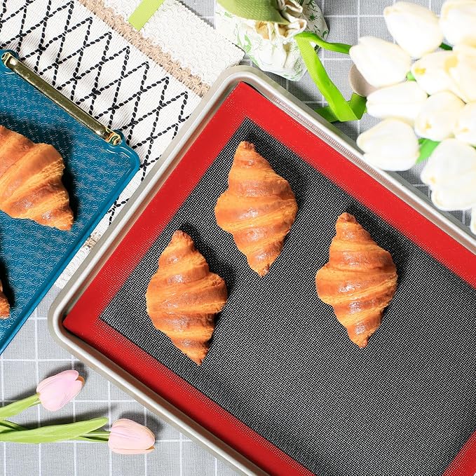 Silicone Baking Mat with Microperforated, 2 PCS Perforated Baking Mats/Oven Liners for 13" x 18" Half Sheet Pan, Reusable Air Mesh Silicone Mat for Cookie/Eclair/Bread/Pizza/Pastry