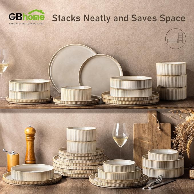 GBHOME Stoneware Dinnerware Sets for 4,16-Piece Plates and Bowls Set | Handmade Reactive Glaze Ceramic Dish Set, Scratch Resistant, Dishwasher&Microwave Safe,Cappuccino