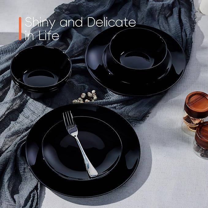Dinnerware Sets for 6, 18 Piece Black Opal Glass Dish Set | Plates and bowls with dishwasher and microwave safe features, chip and scratch resistant dishware for family meals