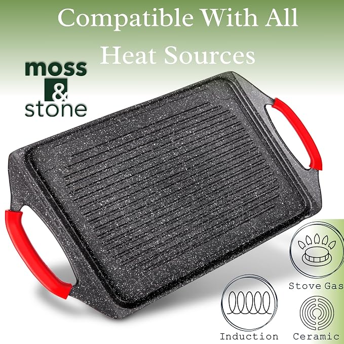 Moss & Stone Griddle Aluminum BBQ, Rectangle Grill Pan for Indoor Cooking | 18x10.5" Non-stick Flat Top Griddle Pan for Stove, For Fish Vegetables & As Steak Pan, StoveTop Induction Grill