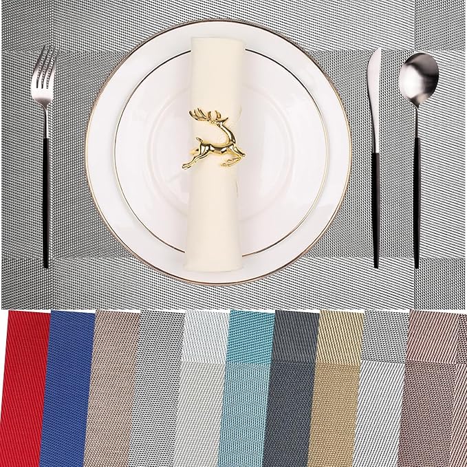 Vinyl Placemats Heat-Resistant Table Mats Washable Easy Clean Plastic Placemats for Dining Table Set of 8 (Gray)