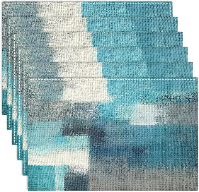 Emvency Farmhouse Placemats Set of 6, 12x18 Inch, Teal Blue Coastal | Farmhouse Modern Art Painting Table Mats for Outdoor Home Party Kitchen Dining Decoration
