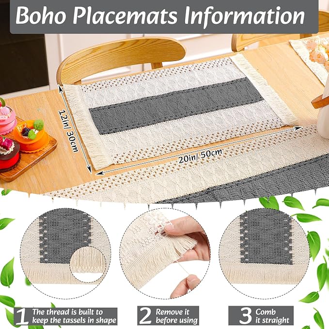 6 Sets Boho Decoration Placemats Round Woven Placemats, Cloth Napkins, Wood Bead Napkin Rings, Long Table Runner and Farmhouse Burlap Cotton for Table Kitchen (Gray,12x72)