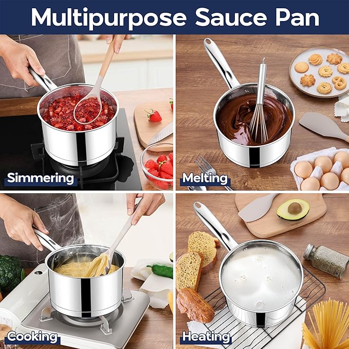 LIANYU Stainless Steel Saucepan with Lid, 3 QT Cooking Sauce Milk Pan | with Visible Lid & Tri-Ply Bottom, Induction Compatible Small Pot, Heavy Duty, Dishwasher Safe