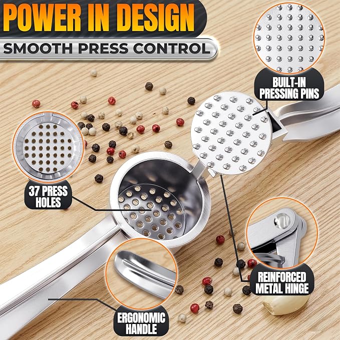 Metal Garlic Press - Ginger Mincer with 37 Built-In Studs for Maximum Extraction, Garlic Crusher for Ginger and Soft Nuts, Rust-Resistant, Ergonomic Handle, No Peel Needed, Hand Wash Only, Silver