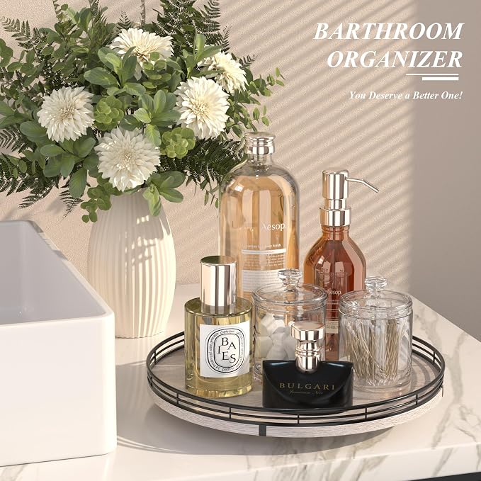 AMH 13-Inch Rustic Whitewashed Oak Lazy Susan Vanity Tray | Smooth rotating oak tray with walnut finish for dining tables, kitchen counters, pantries and cabinet storage.