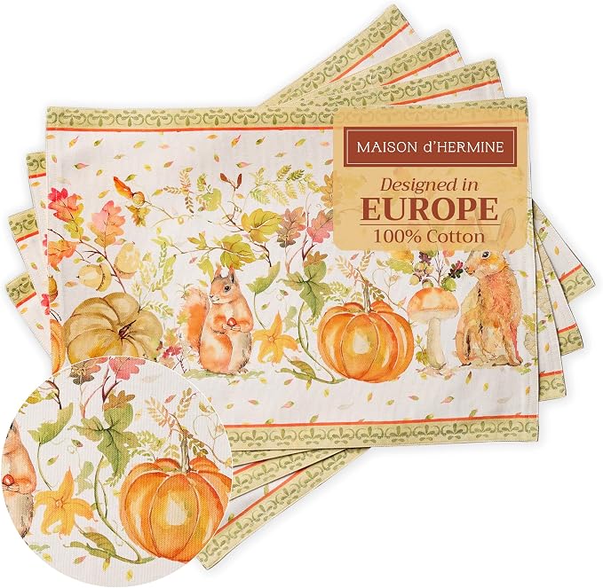 Maison d' Hermine Placemats Set of 4 Reusable 100% Cotton (13"x19") | Cloth Place Mats Washable Table Mats for Kitchen Dining Party Wedding Hotel Home Thanksgiving Christmas - Pumpkin Passion