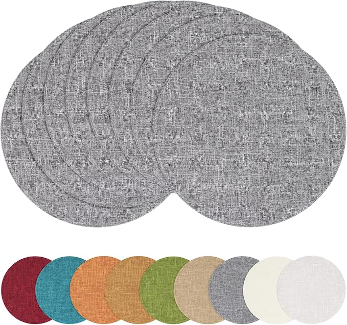 Cotton Linen 15 Inch Round Cloth Place mats, Set of 8, Dark Grey | Washable Table Mats, Heat Resistant, Reversible, Wipeable Place Mats for Indoor Outdoor