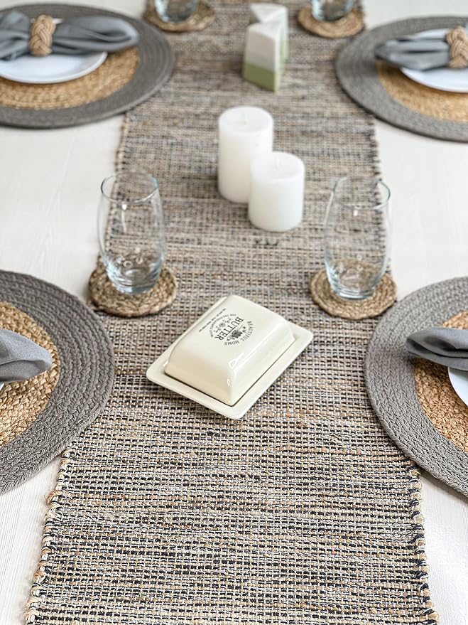Natural Jute Table Runner 13x90 Inch – Vintage Boho Rustic Table Decor – Handwoven Table Runner in Natural Jute and Grey – Farmhouse Dining or Console Table Accent