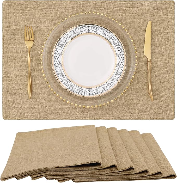 Faux Cotton Linen Placemats Set of 6, Cloth Washable Farmhouse Dining Table Mats for Indoors & Outdoors, Easy to Clean, Linen, 13 x 19 Inch