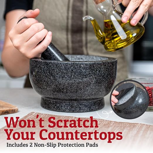 PriorityChef 4 Cup Large Mortar and Pestle Set, 100% Natural Granite, 7 Inch Diameter Bowl with 7.2 Inch Pestle, Make Fresh Guacamole at Home, Solid Stone Grinder Bowl, Herb and Spice Grinder, Black
