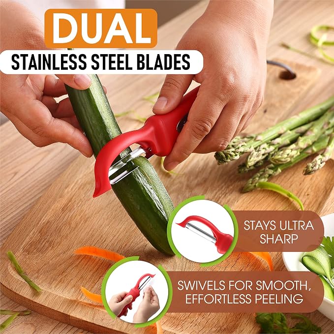 Spring Chef Swivel Vegetable Peeler for Kitchen with Soft Grip Handle, Red | Premium Potato Peeler w/ Ultra Sharp Stainless Steel Blades, Multifunctional Veggie Peeler for Apple, Carrot, Cucumber, Fruit