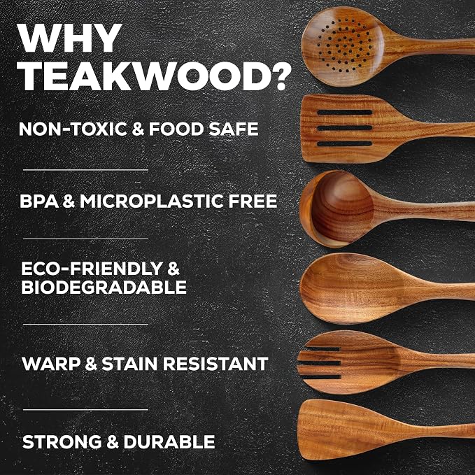 Zulay Kitchen Extra-Large 6-Piece Wooden Spoon Set - Smooth Teak Cooking Utensils - Comfort-Grip Non-Stick Turner, Spatula, Skimmer, Fork, Serving Spoon