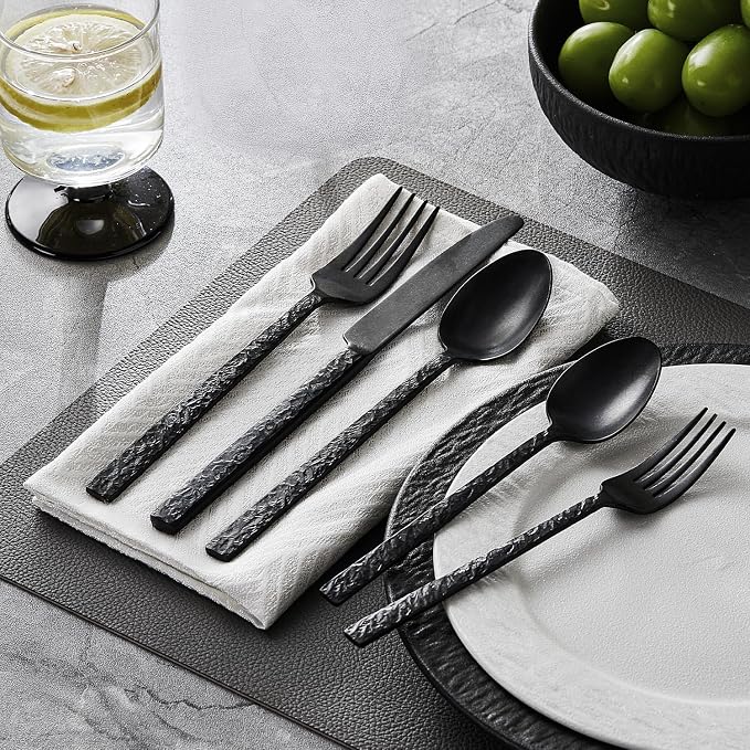 60 Pcs Black Hammered Silverware Set for 12, 18/10 Stainless Steel Heavy Duty Flatware Set, Tableware Cutlery Utensil Sets for Home Restaurant Dishwasher Safe