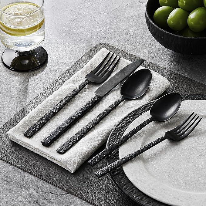 20 Pcs Black Hammered Silverware Set for 4, 18/10 Stainless Steel Heavy Duty Flatware Set, Tableware Cutlery Utensil Sets for Home Restaurant Dishwasher Safe