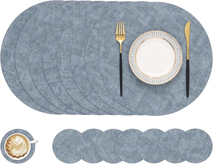Round Faux Leather Placemat and Coaster 8 Packs, Washable Heat Resistant Dining Place Mats, Wipeable Double-Sided Table Mats for Indoor and Outdoor, Diameter 13 and 3.93 inch, Blue