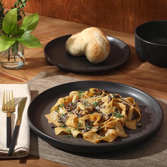 Gibson Elite Pasco 12 Piece (Service for 4) Plates and Bowls Reactive Glaze Dishes Stoneware Ceramic Dinnerware Set - Black