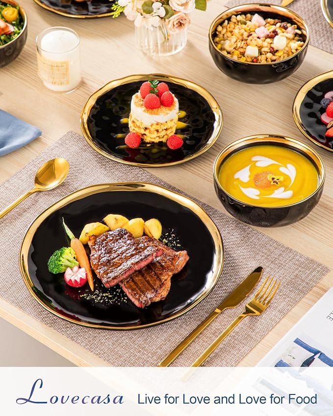 LOVECASA 12 Pieces Plates and Bowls Sets, Porcelain Black and Gold Dinnerware Sets, Round Dinner Plates Dishes Set Service for 4, Dishwasher Safe and Scratch Resistant, Black
