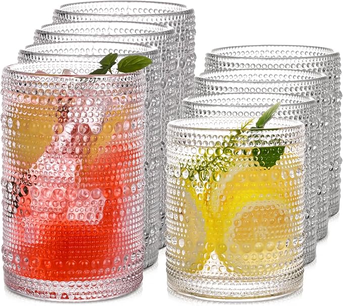 Vintage Hobnail Drinking Glasses Set of 8, 15 oz Highball Glasses & 12 oz Cocktail Glasses, Drinkware Kitchen Glasses for Cocktail, Iced Coffee, Beer, Ice Tea, Wine, Whiskey, Water