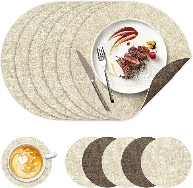 NCUE 13" Faux Leather Round Placemats Set of 6, Reversible Dual-Color | With 3.9" Coasters, 2 mm Vinyl Table Mats, Waterproof Wipeable Heat Resistant, Non-Slip Texture, for Dinner Party Home Decor