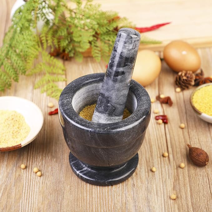 Mortar and Pestle Marble Set for Spices Pestos Seasonings Pastes Guacamole Bowl Herb Grinder Easy to Clean Included:Silicone Mat,Brush,Stainless Steel Spoon 4.33inch(Small,Black Gray)