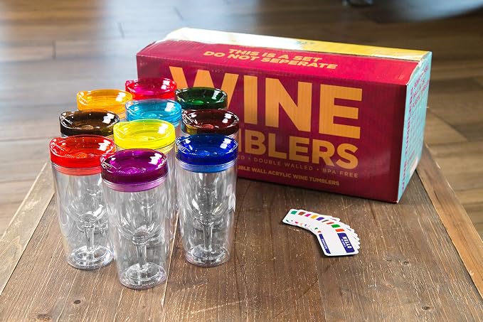 STRATA CUPS Insulated Wine Tumbler With Lid (SET OF 10) BONUS Name Decals - Outdoor Acrylic Plastic Wine Glasses, 10oz Cup Tumblers in 10 Colors - Adult Sippy, Unbreakable Stemless Wine Glass